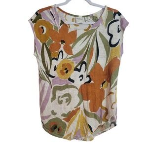 Rachel Zoe Women's Small 100% Linen Floral Print Top Colorful Boho Resortwear